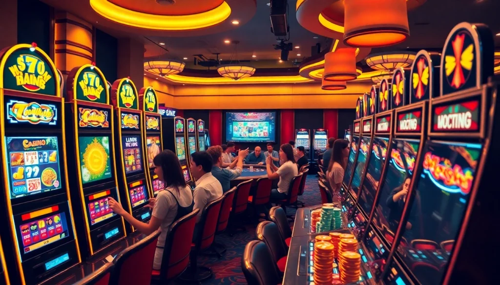 Adegan perjudian yang menarik yang menampilkan pemain di jmacdonaldphoto.com dengan mesin slot modern dan meja rolet.