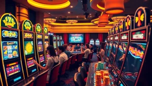 Adegan perjudian yang menarik yang menampilkan pemain di jmacdonaldphoto.com dengan mesin slot modern dan meja rolet.