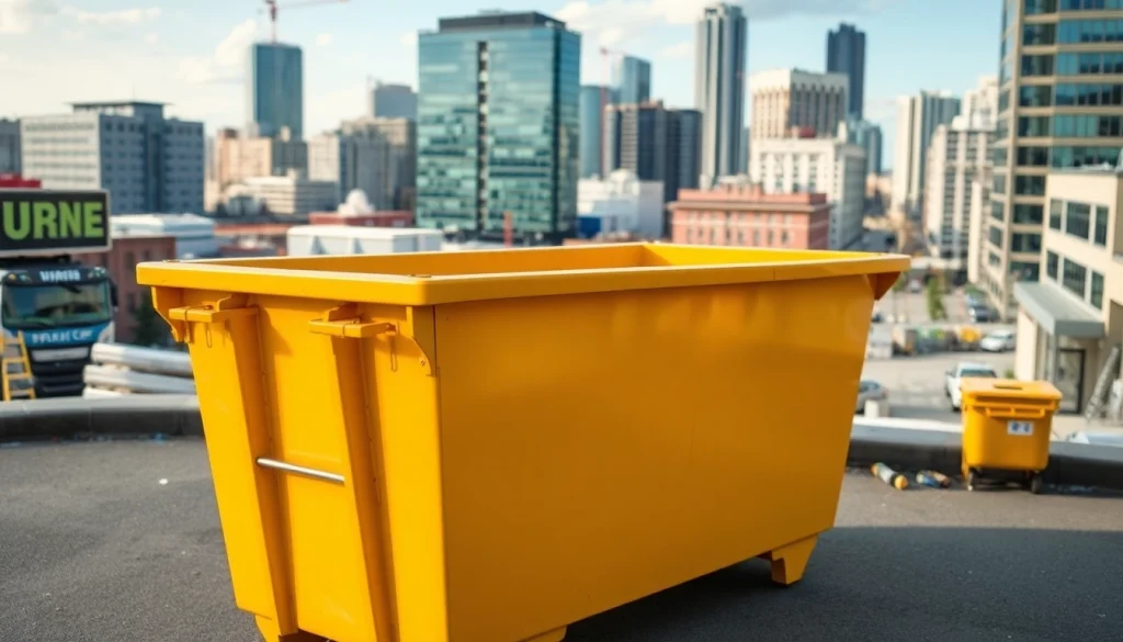 Rent a dumpster rental service Edmonton AB for efficient waste disposal with a bright yellow dumpster in Edmonton.