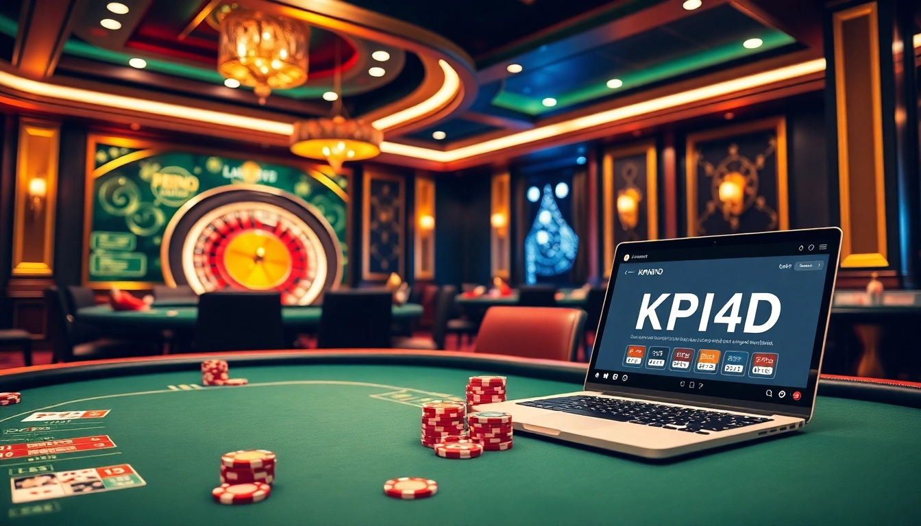 KPI4D gaming scene with poker action and roulette wheel in a luxurious casino atmosphere.