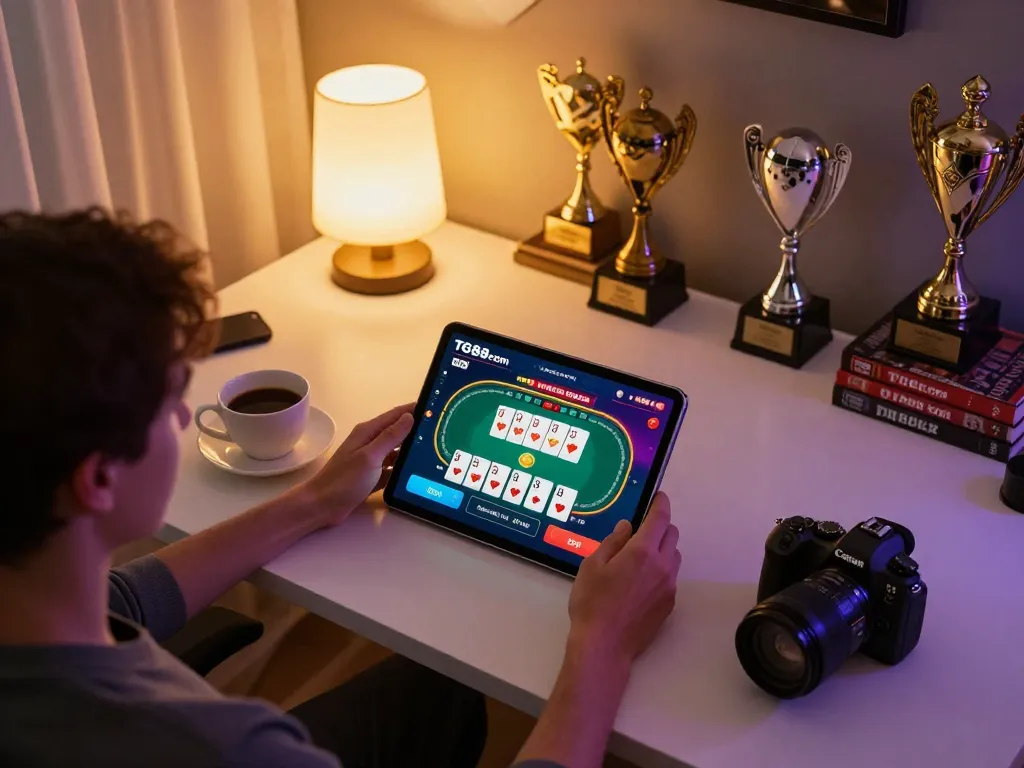 Engaged player using the TG88 com app for a vibrant online poker game at home, enjoying strategic gameplay.