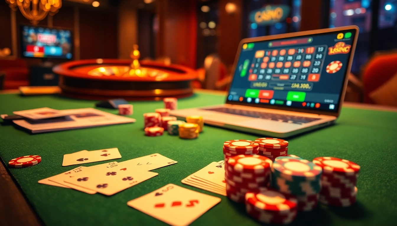 Vivez l'excitation du meilleur casino en ligne avec des jetons de poker vibrants et une roue de roulette.