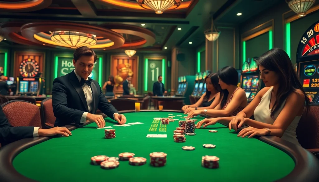 Engaging scene from Hoki77 featuring players at a poker table, showcasing thrilling casino action.