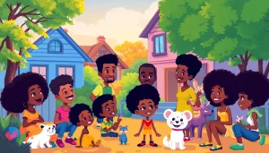 A vibrant scene depicting popular African American Cartoons characters in an animated neighborhood setting, showcasing diversity and creativity.