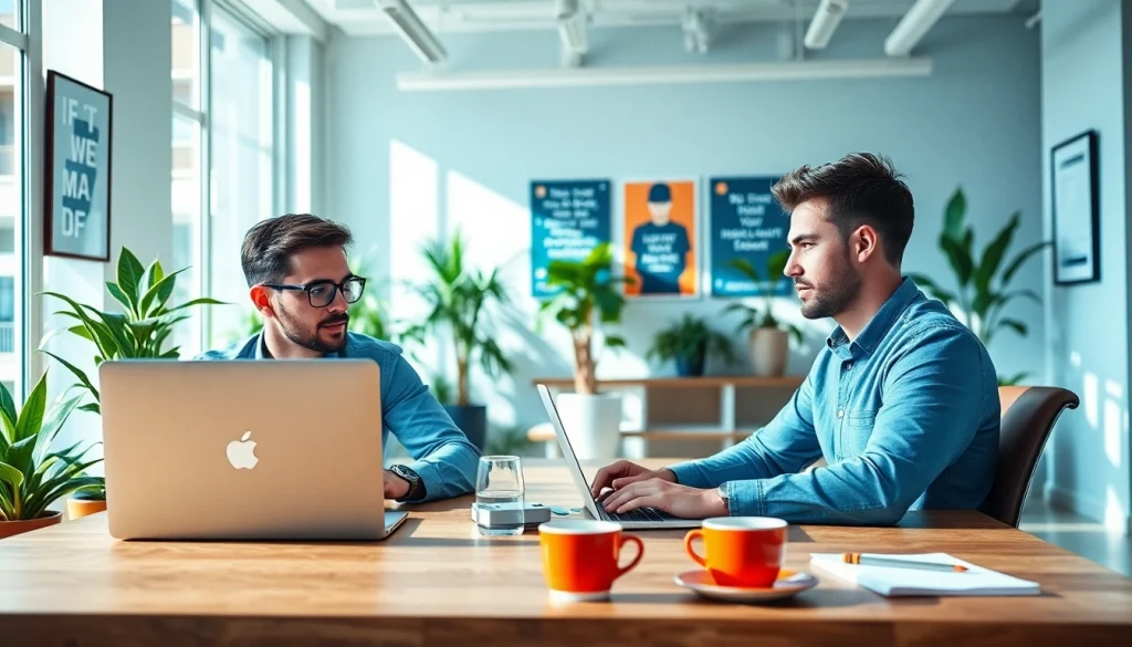 Illustration of remote software development jobs with team collaboration in a bright workspace.