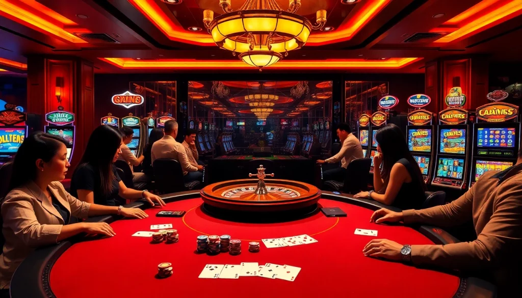 Experience the excitement of đăng ký qq88 with vibrant casino gaming visuals, featuring a roulette wheel and poker table.