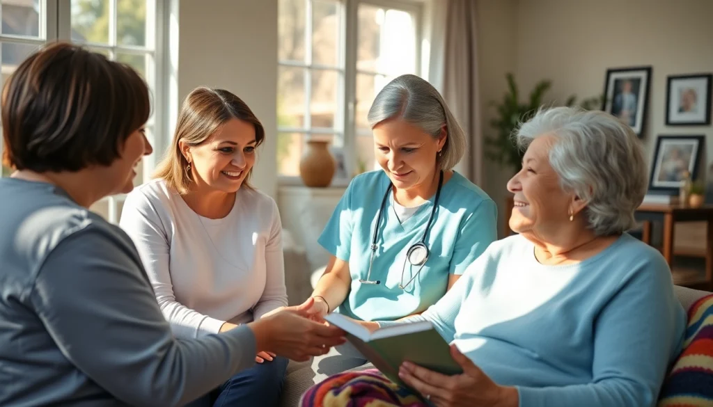 Providing at home senior care with professional caregivers supporting elderly clients in a cozy environment.