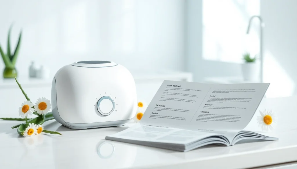 Detailed facial whitening instrument manual with an elegant device on a counter featuring natural skincare elements.