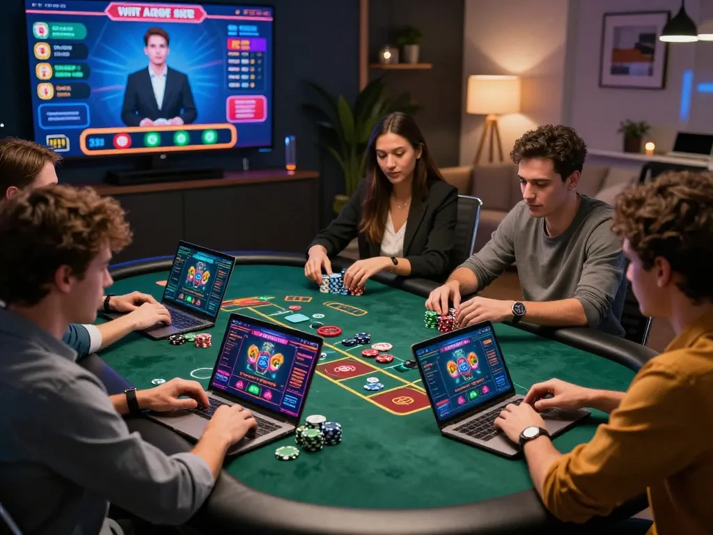 Engaging 바카라사이트 scene with diverse players at a virtual baccarat table, highlighting excitement and online gaming experience.