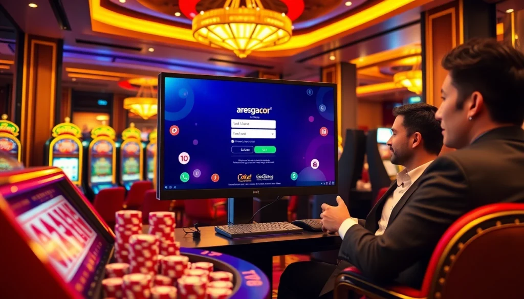 Engaging players utilizing the login aresgacor platform amid an elegant casino setting with vibrant colors.