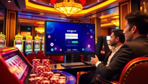 Engaging players utilizing the login aresgacor platform amid an elegant casino setting with vibrant colors.