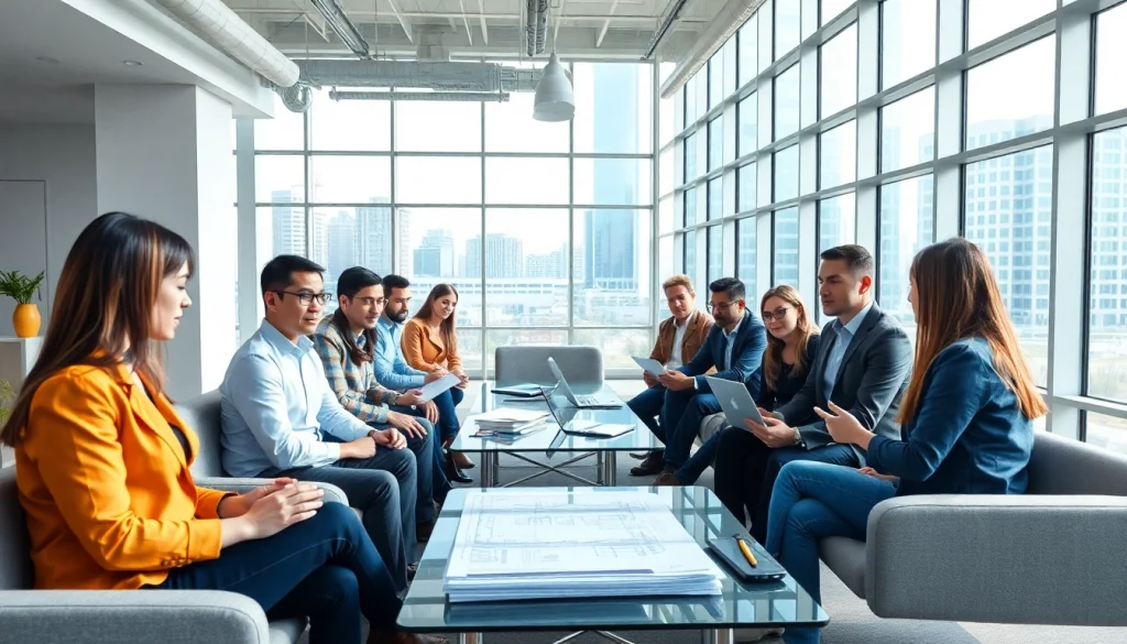 Engaged professionals in a construction network association discussing projects in a modern office.