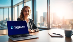 Brightet logo displayed on an open laptop, emphasizing professionalism in a modern office environment.