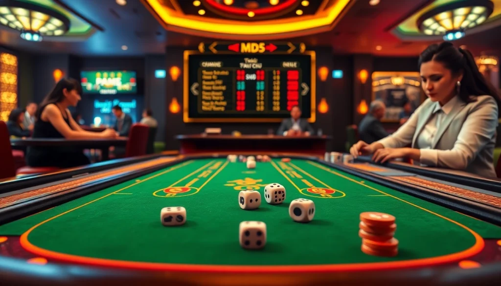 Experience the excitement of game tài xỉu md5 at a luxurious casino table with colorful dice and betting chips.