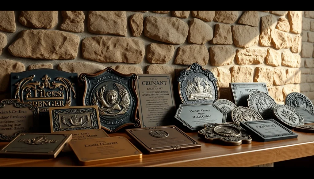 Afișare a plăcilor de bronz cu designuri intricate în lumină ambientală moale.