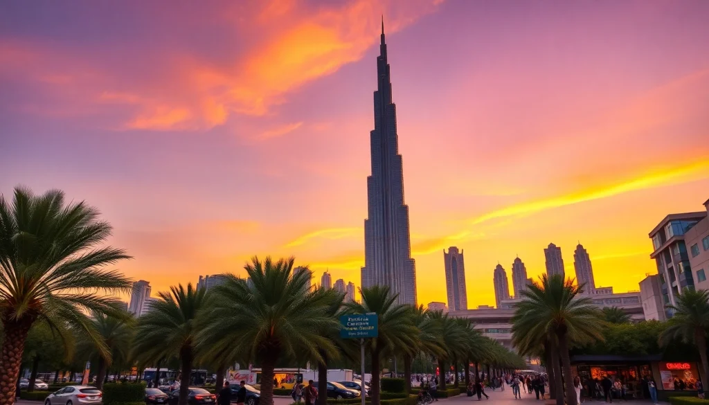 Discover the vibrant atmosphere of Dubai City Guide showcasing bustling streets and the iconic Burj Khalifa.