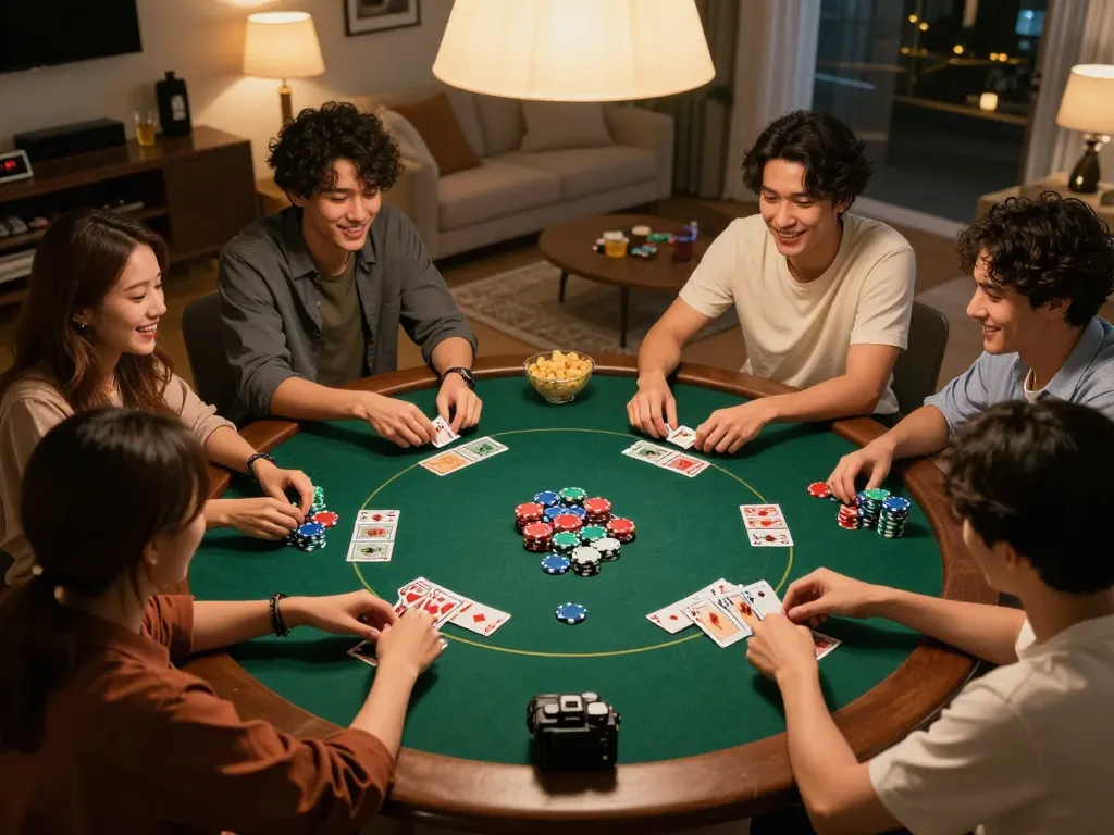 Engaging friends play poker at home, showcasing the excitement of slot gacor strategies in action.