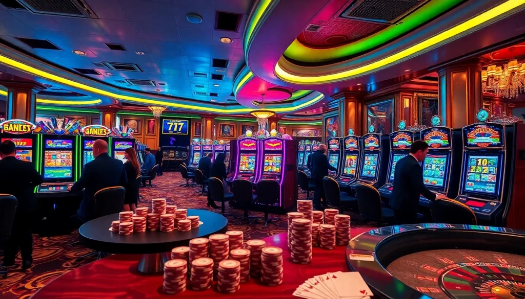 Players enjoying slot gacor 777 machines in a vibrant casino filled with excitement.