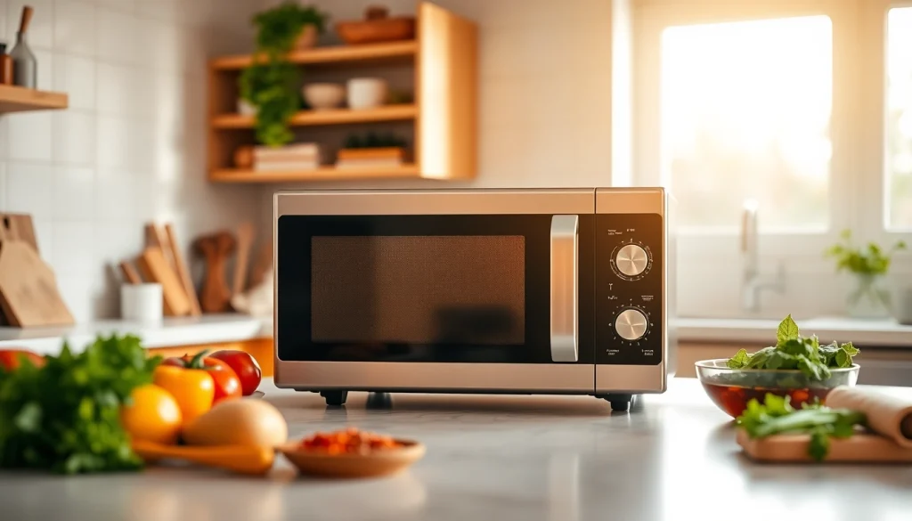 Highlighting microwave oven sales, a sleek modern microwave in a vibrant kitchen setup.