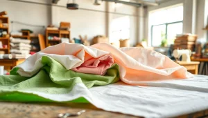 Katoen stof voor kleding met verschillende kleuren op een houten tafel in een workshop.