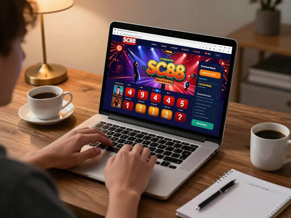 SC88 player strategizing while engaging with an online casino game on a laptop at home