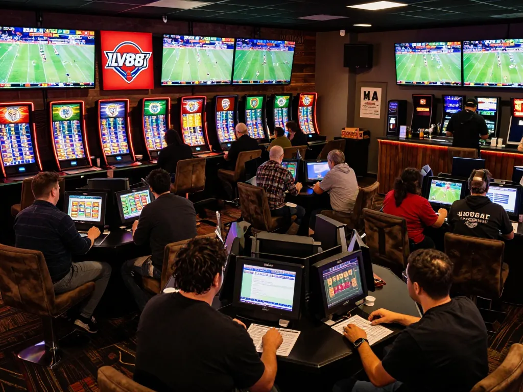 Patrons placing bets at LV88 sports lounge with engaging screens and vibrant atmosphere.