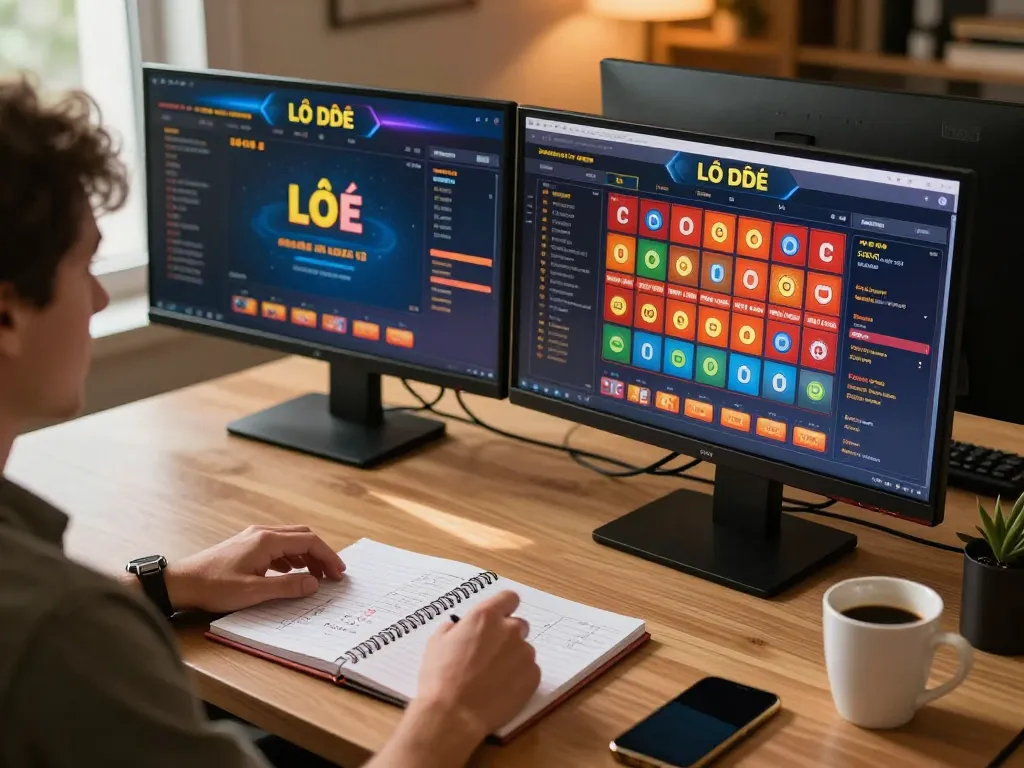 Lô đề online gaming experience with user engaged at home desk, showcasing betting interface and strategy notes.