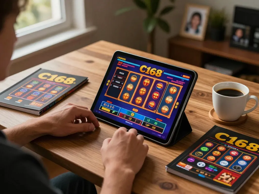 C168 player enjoying vibrant online slots and poker on tablet while engaging in responsible gaming.
