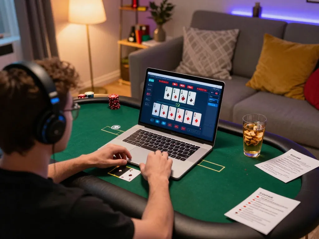 Player strategizing at online casinos Canada with a laptop during an engaging poker game session.