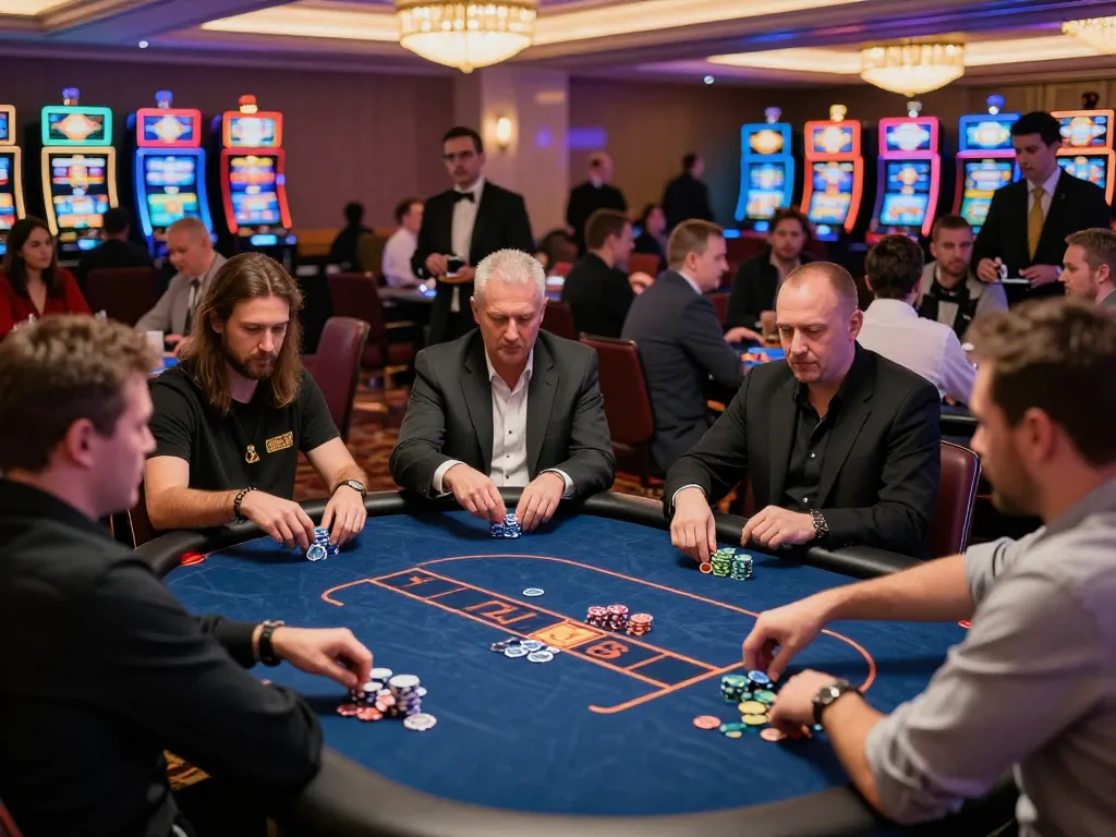 SHBET players engaging with poker chips in a bustling casino during a tournament event.