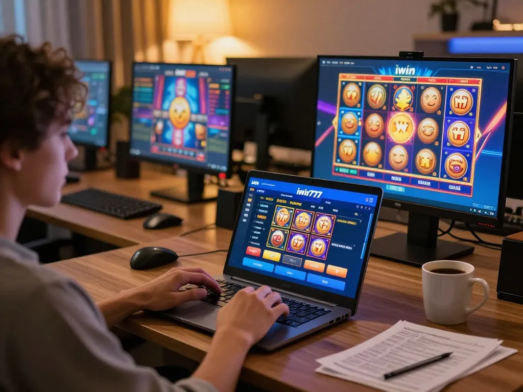 Engaging with the iwin 777 app on a cozy home gaming setup featuring vibrant slot games.