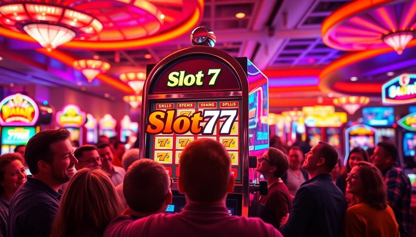 Menang besar di Slot77 dengan pemain yang merayakan di kasino.