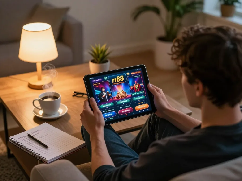 Engaging in rr88 online casino gaming on a tablet with a cozy home setup.