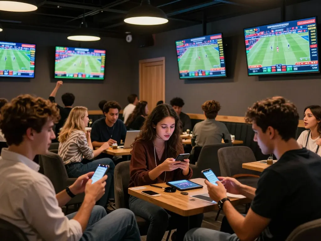 Customers engaging in sports betting at Manclub's modern lounge with live game screens.