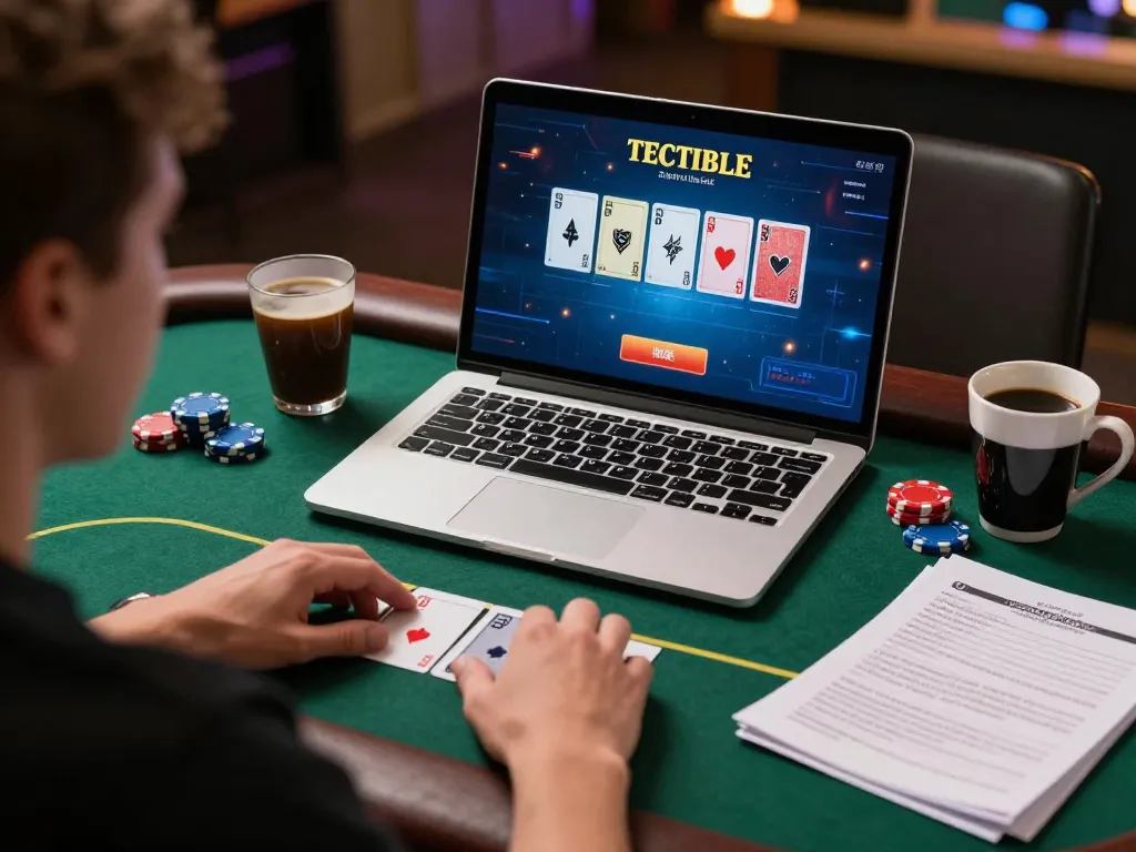 Engaging player using fb88 đăng nhập for a thrilling poker game on their laptop, showcasing gaming strategy.