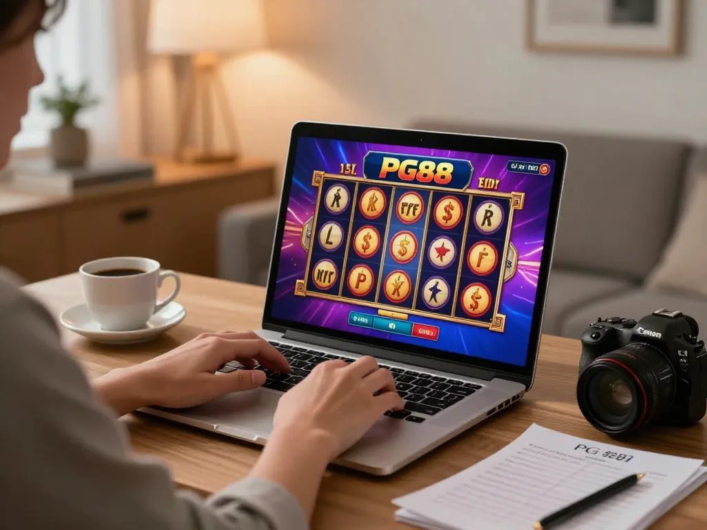 Engaging online gaming moment with PG88 slot game on laptop, showing dynamic gameplay and cozy atmosphere.