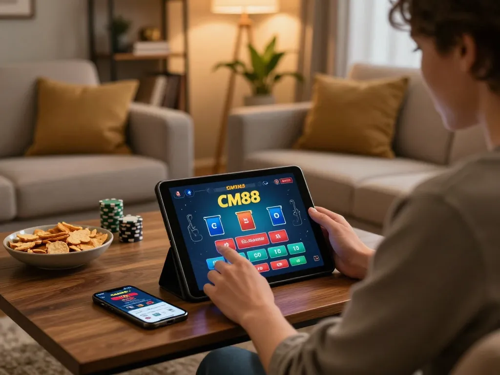 CM88 TRANG CHỦ gaming experience with user engaged in live dealer blackjack at home.