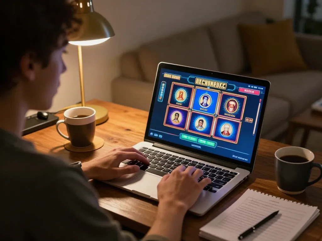 Engaged user playing slots via go88live on a laptop at cozy home setup, illustrating online casino gaming experience.