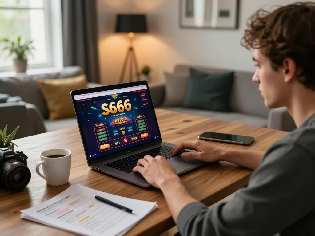 S666 online casino interface displayed on a laptop, enhancing the gaming experience in a modern home setting.