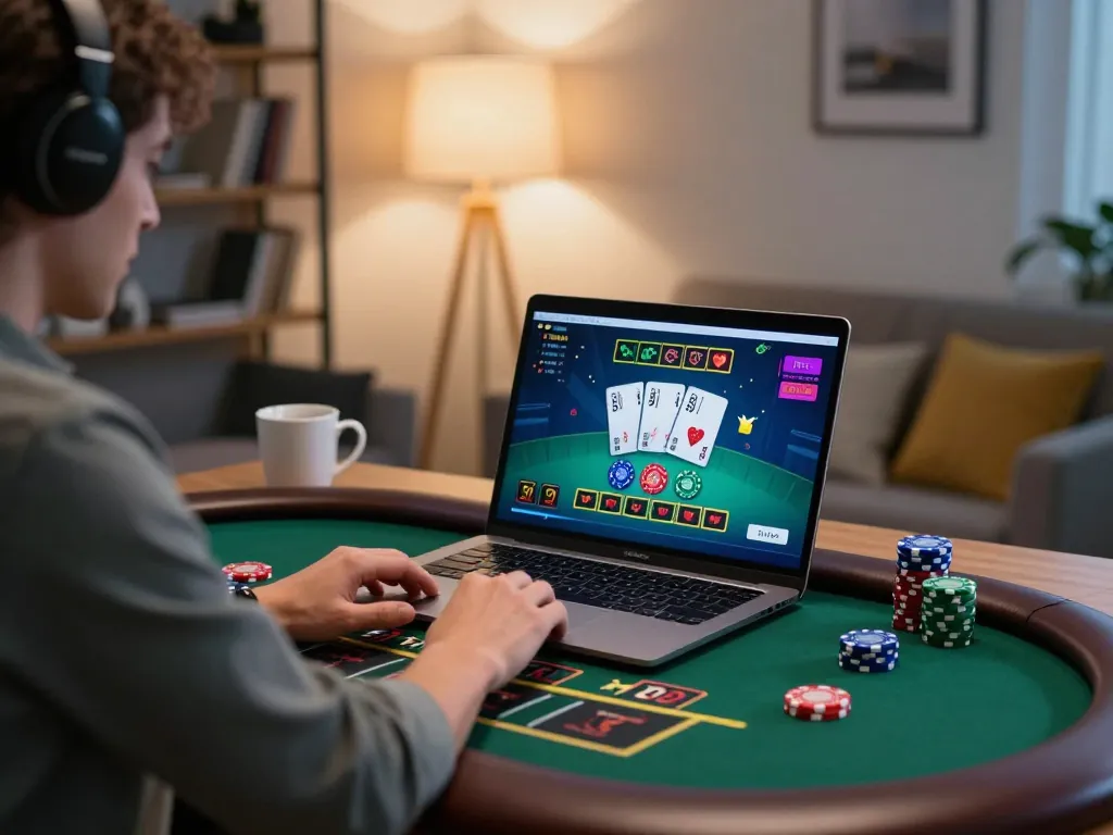 Player enjoying BK888 online blackjack game on a laptop with ambient home lighting