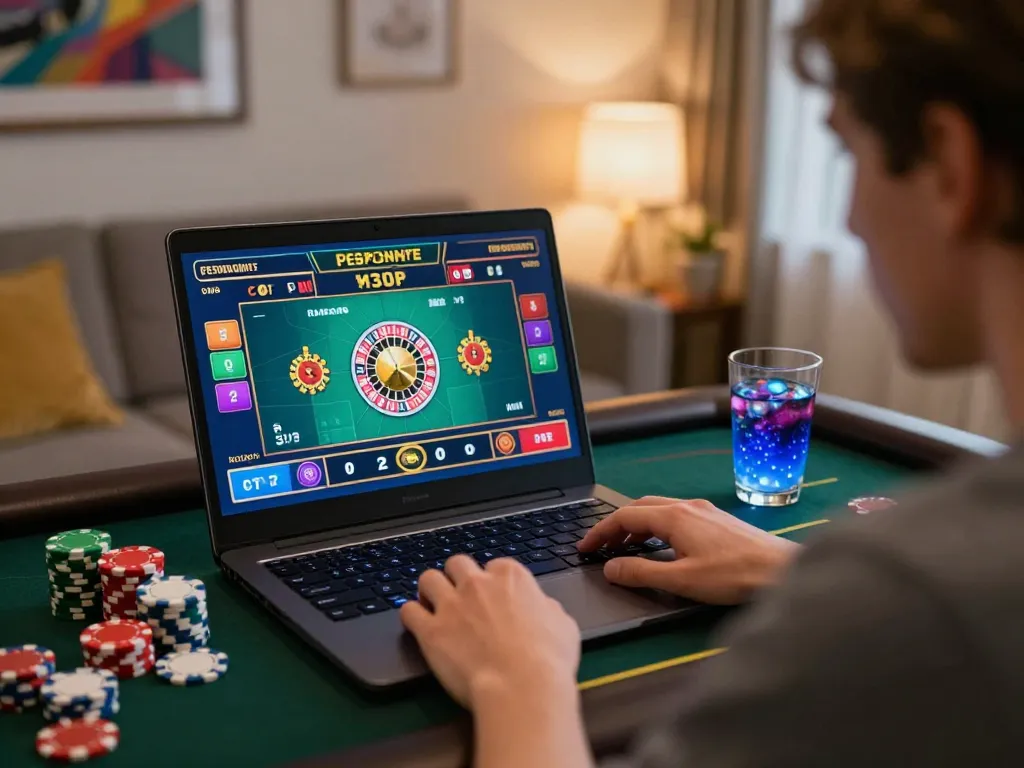 A player placing bets on the online roulette game at 123b, showcasing an engaging home environment with chips and drinks.