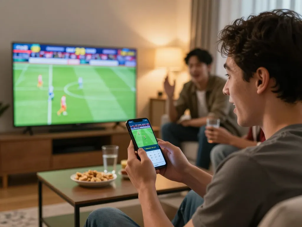 Person using Keonhacai app for sports betting while watching a live match with friends.
