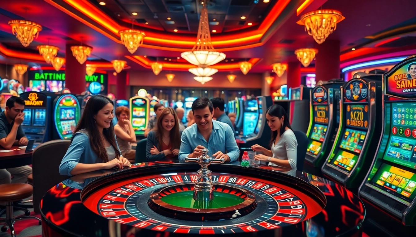 Erlebe das aufregende casino spielen mit Spielern an einem Roulette-Tisch und bunten Casino-Lichtern.