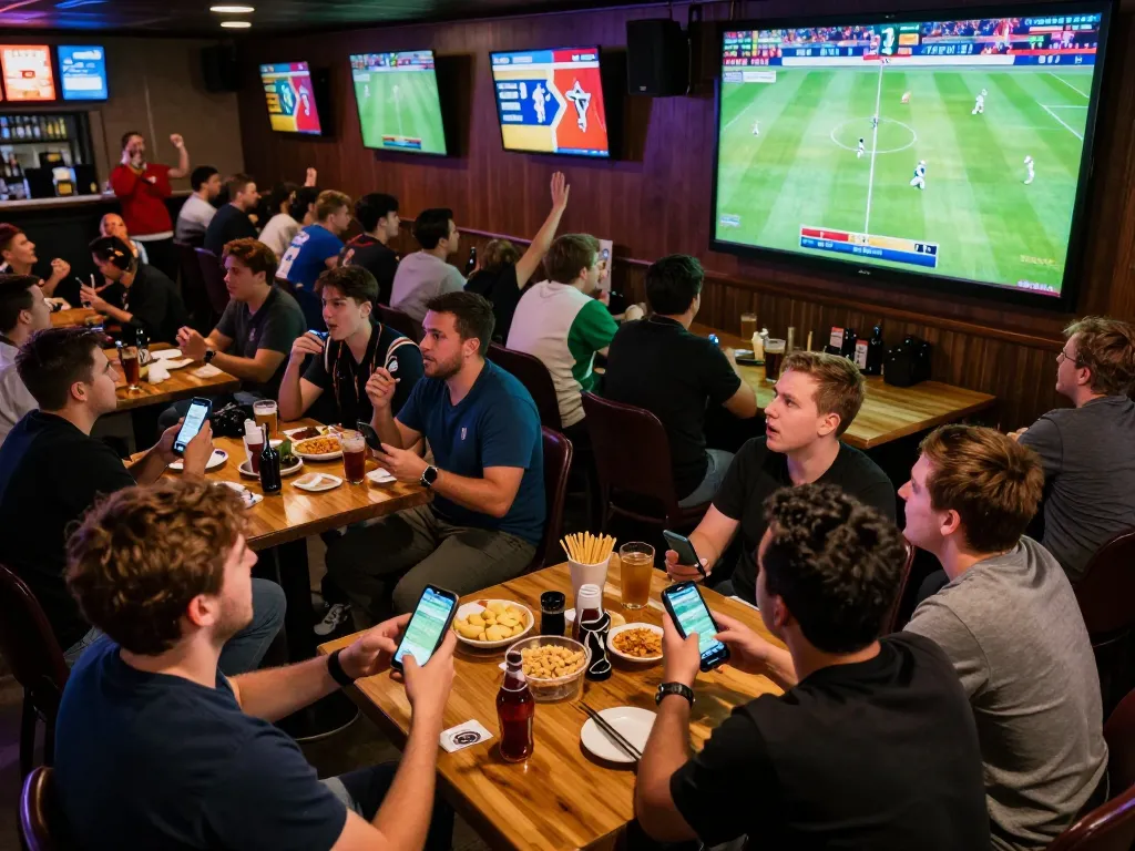 Cà khịa tv viewers engaging in sports betting action at a lively sports bar with friends