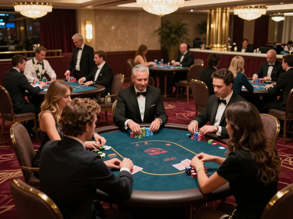 G28 TRANG CHỦ poker game in an upscale casino with players and dealers immersed in action.