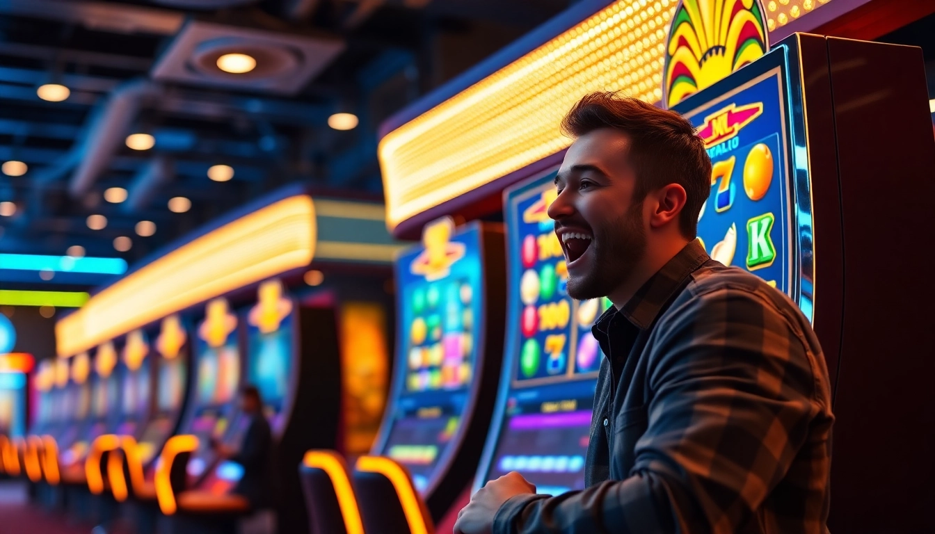 Engaged player enjoying Online slots Uk in a vibrant, modern gaming environment.