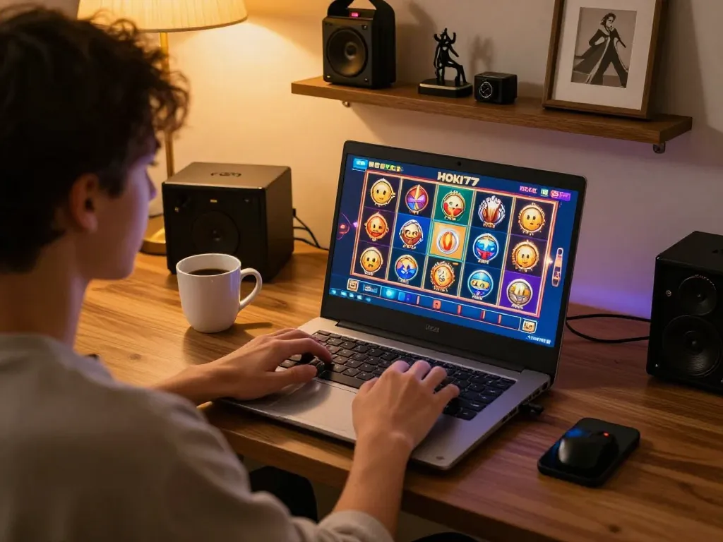 Pengguna yang terlibat bermain hoki77 slot online di laptop dalam suasana rumah yang nyaman