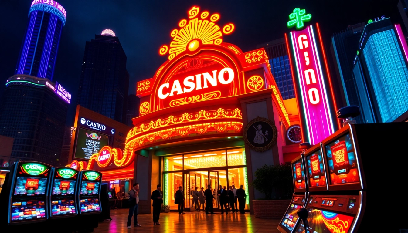Menggoda dengan slot777 di gerbang kasino yang mewah dengan lampu neon cerah.