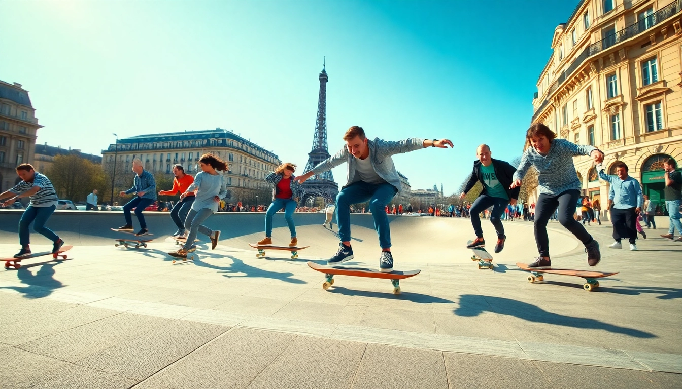 Enroll in a Skate class paris featuring energetic skateboarders in an urban setting.
