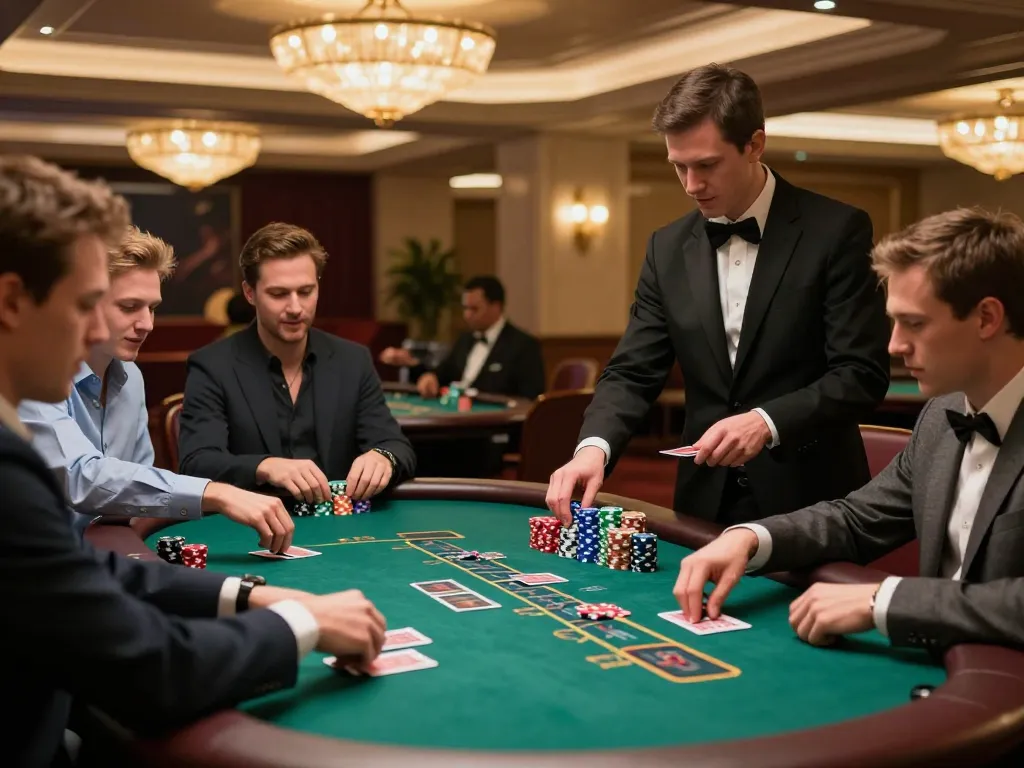 Players strategizing at CM88 blackjack table, chips and cards in action.